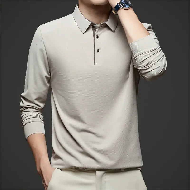 Men's beige long-sleeve polo shirt, casual business top