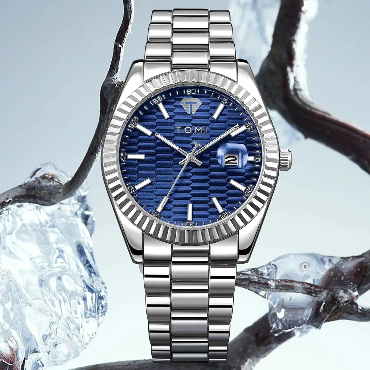 TOMI men's stainless steel watch with blue textured dial and date display