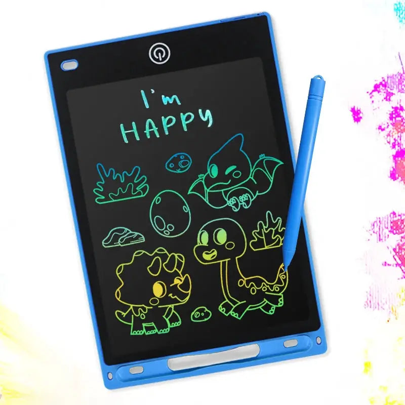 Simples Market 8.5-inch blue LCD writing tablet with stylus, displaying neon dinosaur drawings