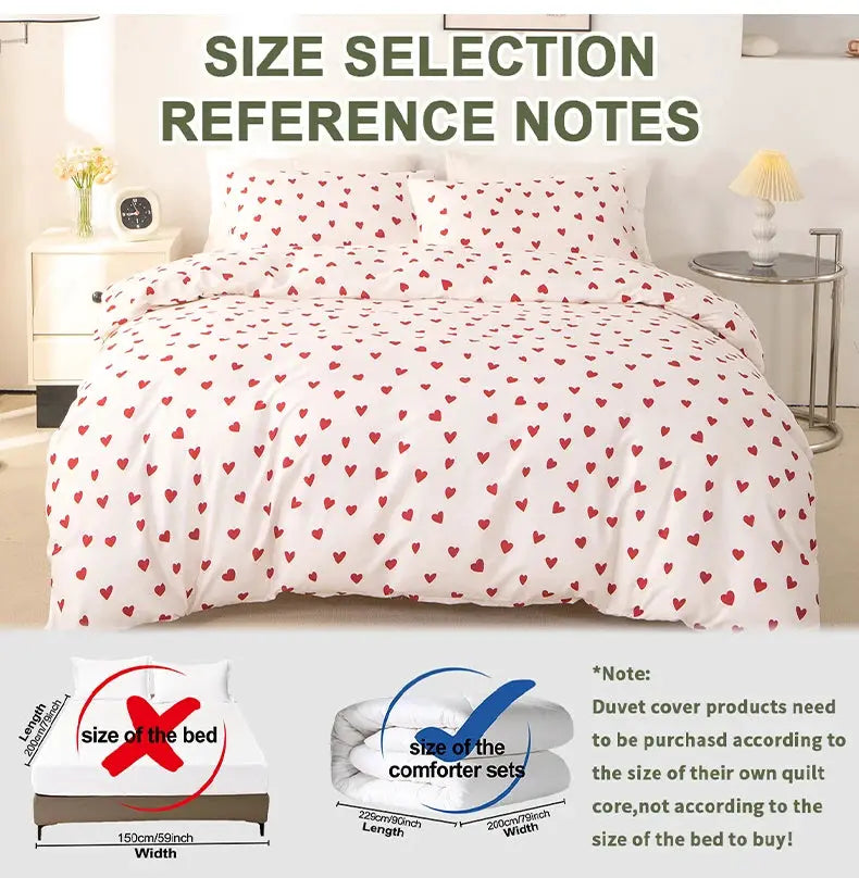 Simples Market 3pc red heart-printed duvet cover set with 1 duvet cover and 2 pillowcases, white, soft and skin-friendly.