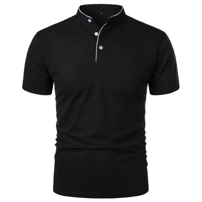 Men's black short-sleeve polo shirt with white-trim collar and placket, breathable casual fit