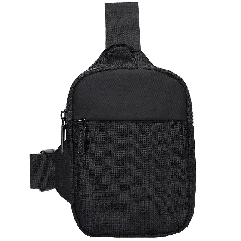 Mini chest bag for men and women, black waterproof nylon crossbody with front zipper pocket.