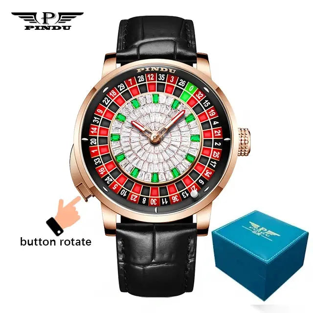 PINDU Design NH35A mechanical watch with roulette-style diamond dial, rose gold case, black leather strap