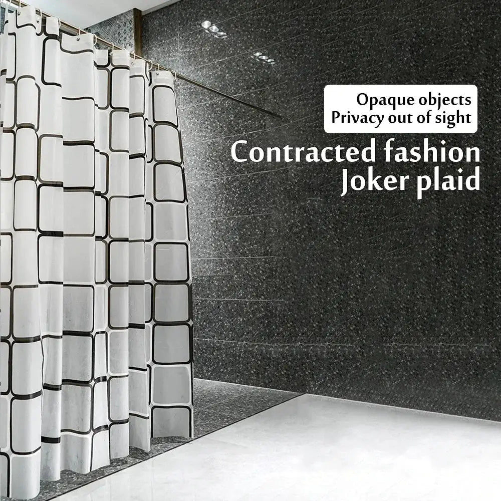 Bathroom shower curtain with hooks in white fabric featuring a black Joker plaid geometric pattern