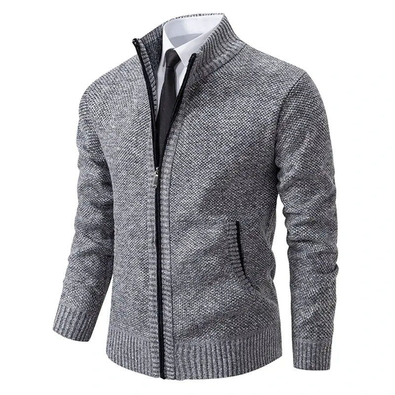 Mens Autumn Winter Solid Color Casual Sports Coat Stand Collar Fleece Lined Zipper Cardigan Warm