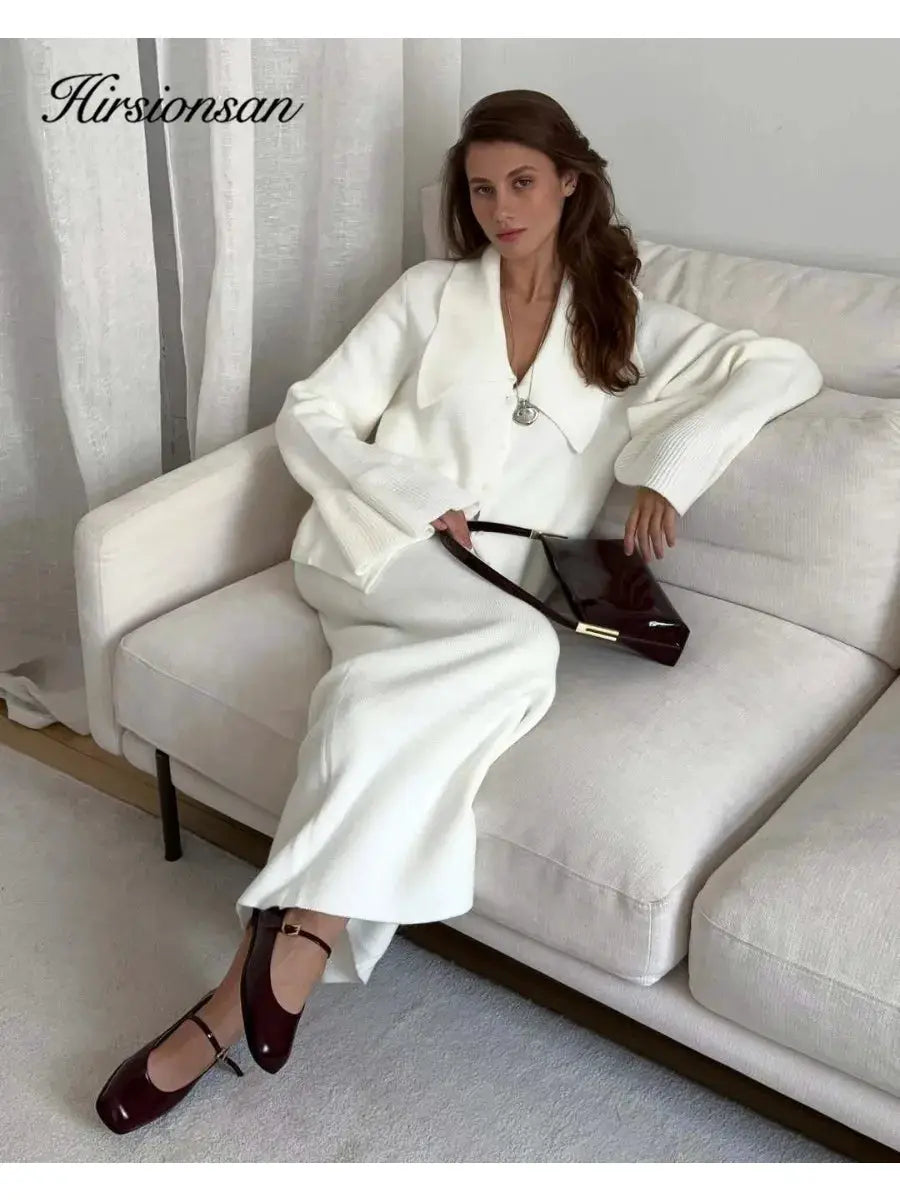 Hirsionsan Two Piece Set Women Polo Neck Cardigan And Midi Dress