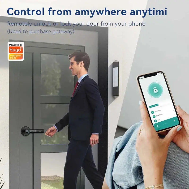Tuya smart door lock handle with fingerprint keypad and mobile app control