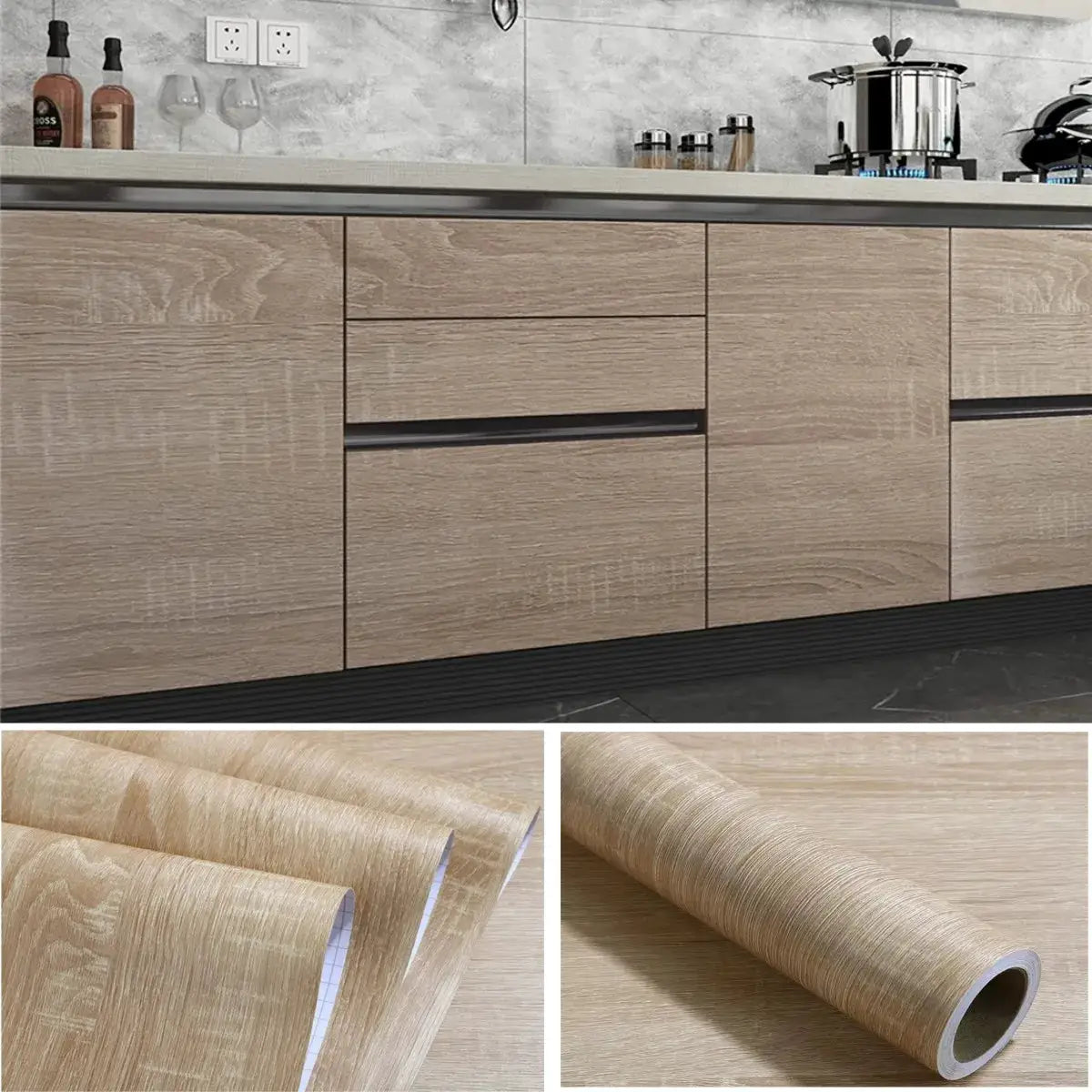 Wood grain vinyl wallpaper roll, 55cm wide, self-adhesive; Simples Market waterproof cabinet decor (3 rolls)
