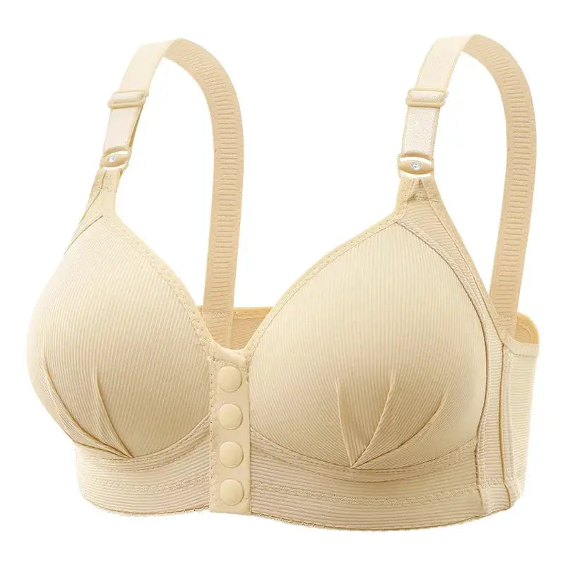 Beige push-up bra with front button accents and adjustable straps.