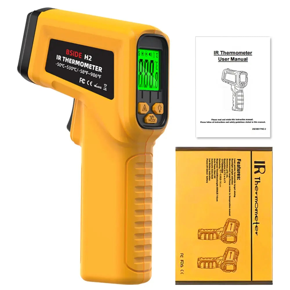 BSIDE infrared thermometer handheld yellow non-contact laser with green LCD display