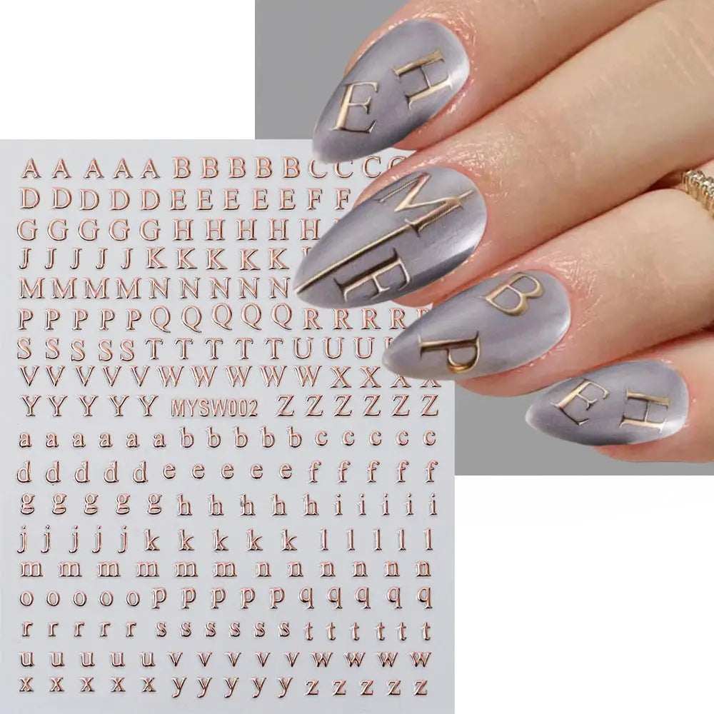 1 sheet of 3D Roman letter nail stickers in metallic rose-gold for manicure