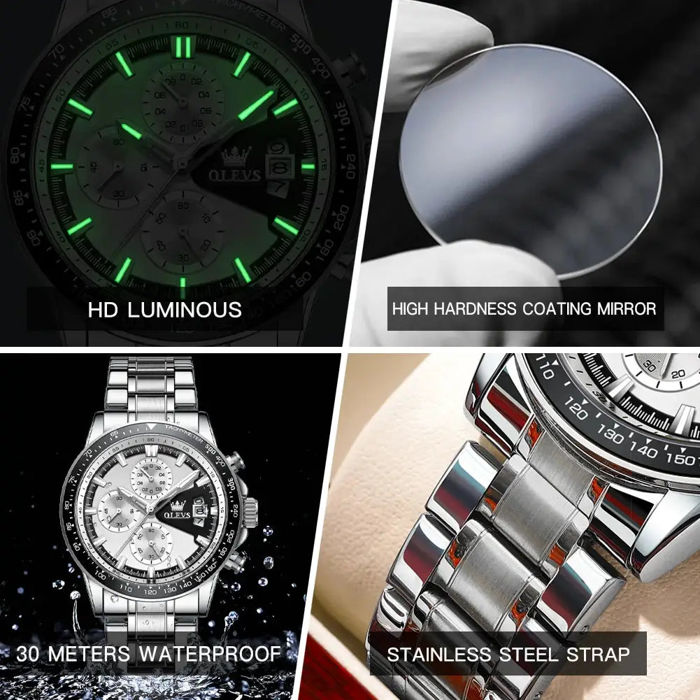 OLEVS TY705 men's luxury quartz watch with green luminous dial and stainless steel strap, 30m waterproof