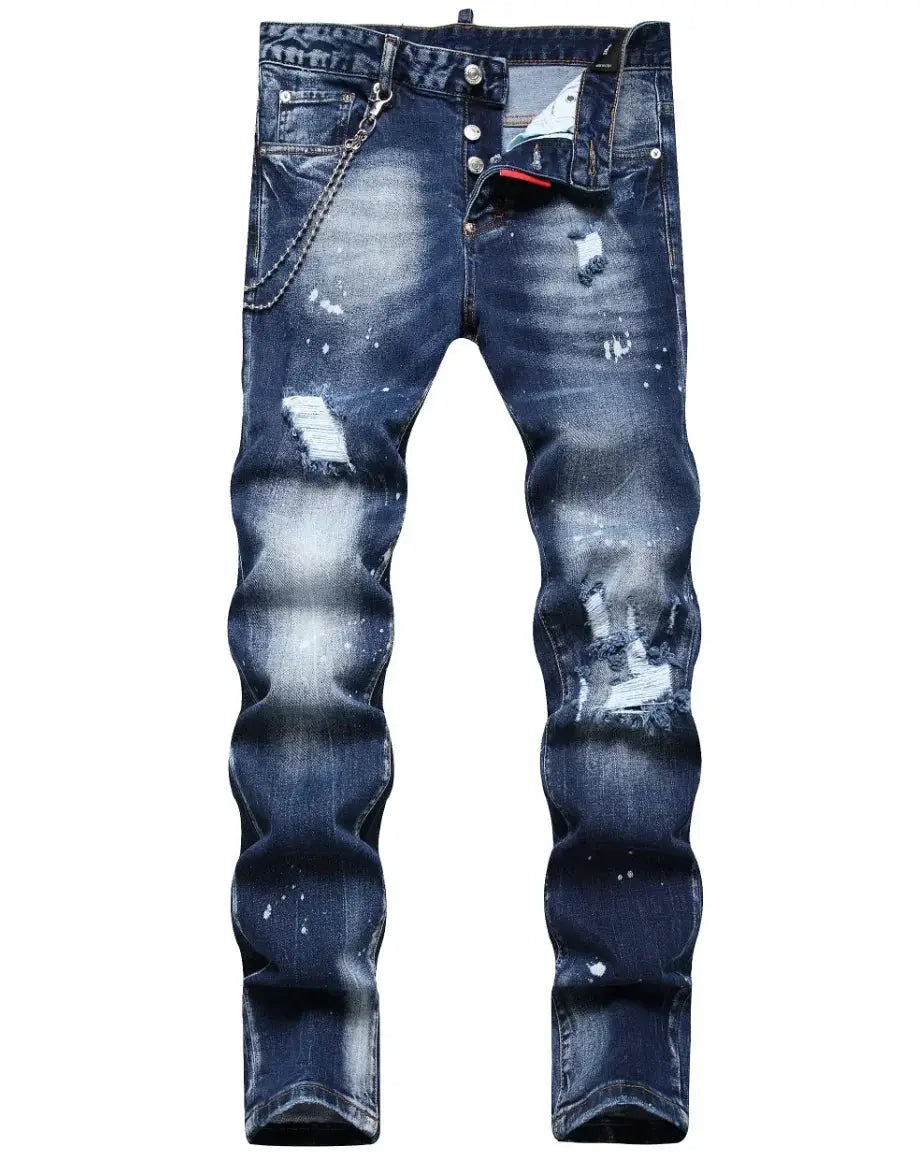 Men's ripped light blue denim jeans, stretch slim fit with distressed patches, paint splatters, and a metal chain.