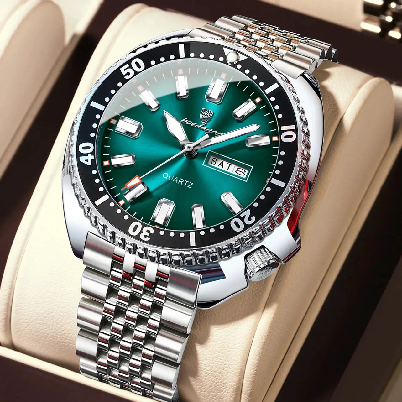 POEDAGAR luxury men's stainless steel wristwatch with green dial, day-date window, luminous hands, waterproof
