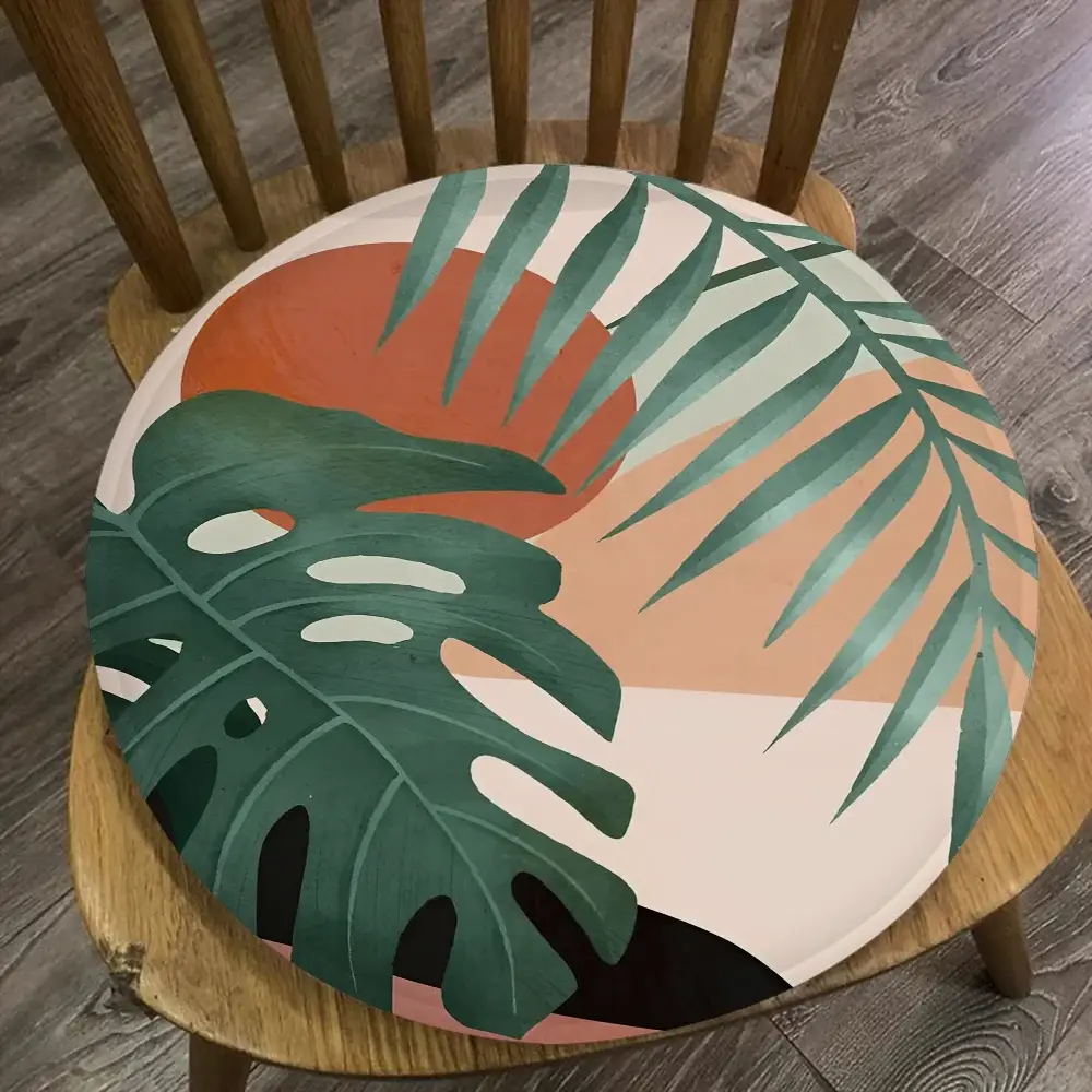 Round palm-leaf chair cushion, 45x45cm, Simples Market green leaves on peach background
