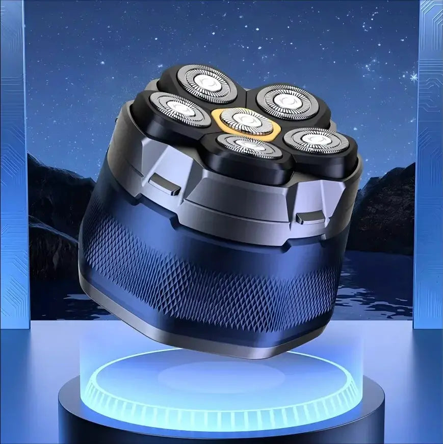 HOMEFISH electric head shaver blue with six rotary blades and textured grip