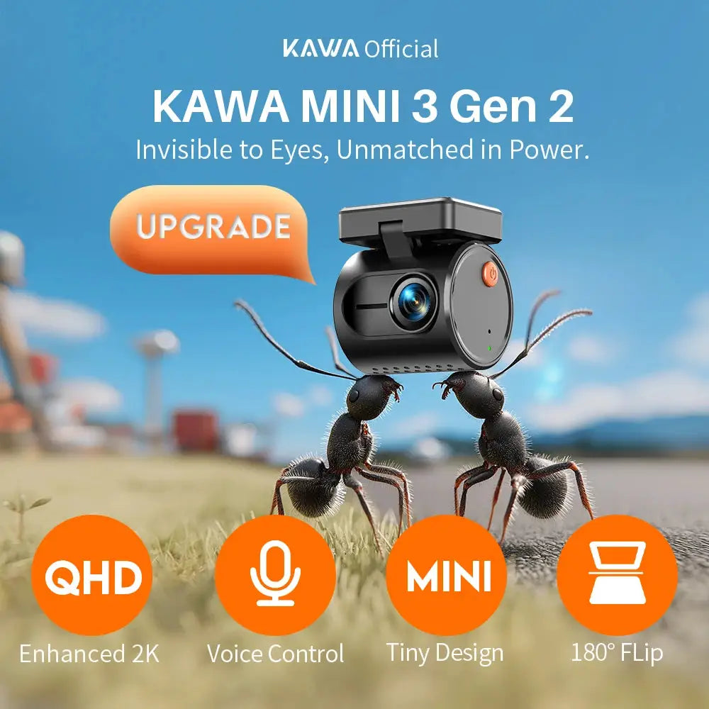 KAWA MINI 3 Gen 2 dash cam, compact black car DVR with 2K QHD and voice control