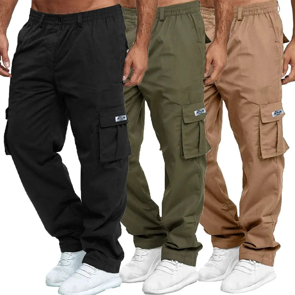 Men's cargo pants by Simples Market in black, olive, and tan with side cargo pockets (3-color set)