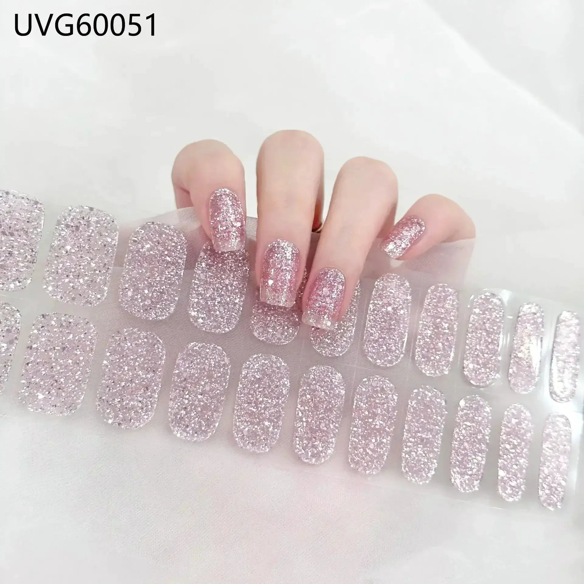 Pink glitter gel nail wrap strips, full-coverage DIY manicure, 16/20/22 tips, waterproof long-lasting