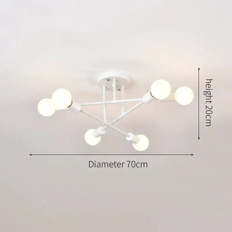 Simples Market retro industrial 6-head LED ceiling lamp in white wrought iron, E27 base, 70cm diameter