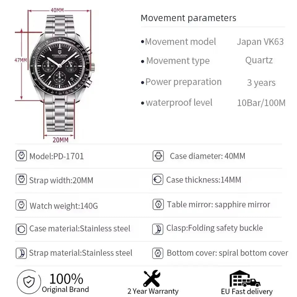 PAGANI DESIGN 500 Speedometer Chronograph watch, stainless steel case and bracelet, black dial