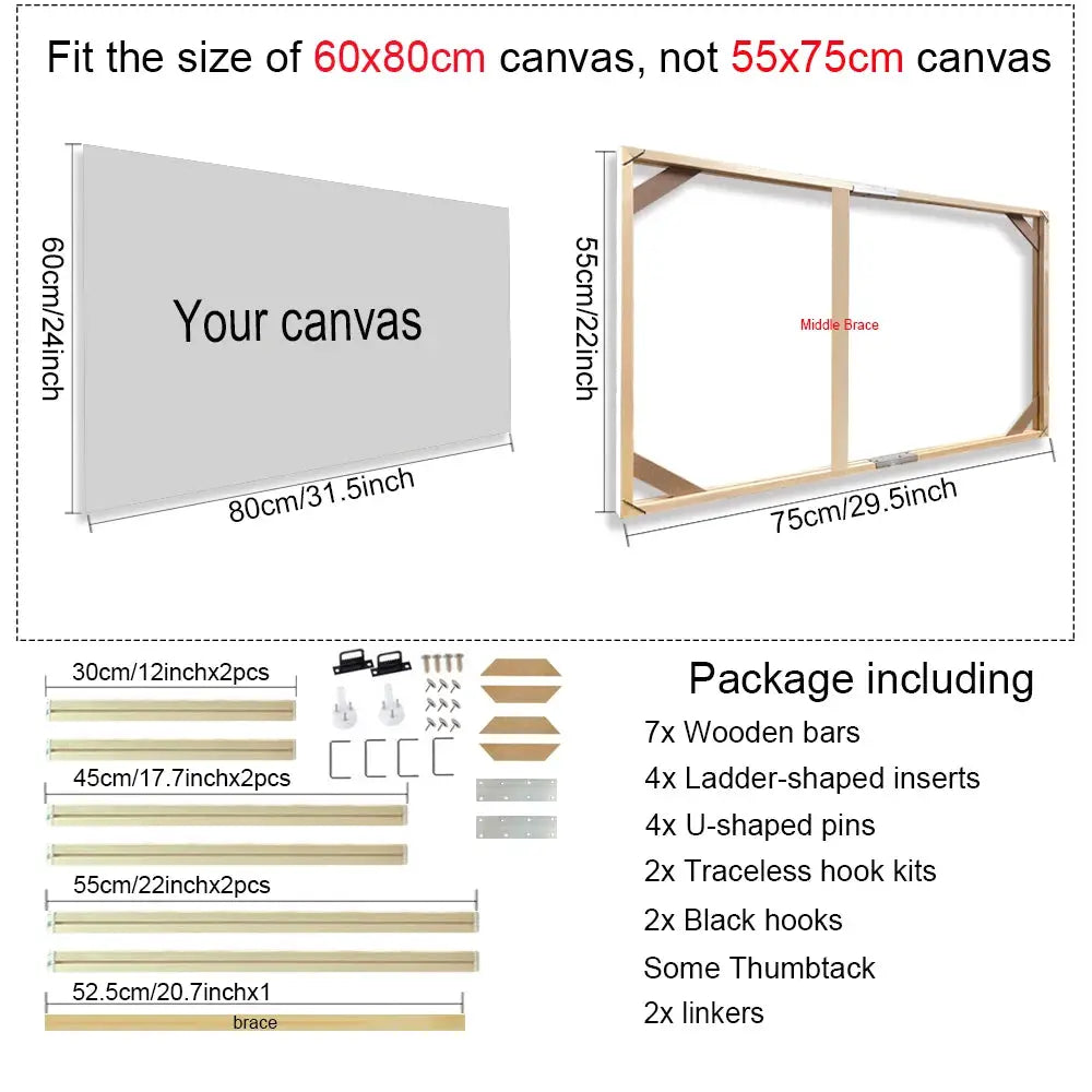Simples Market natural wooden canvas frame kit; fits 60x80 cm canvases and includes back bars, inserts and hanging hardware.