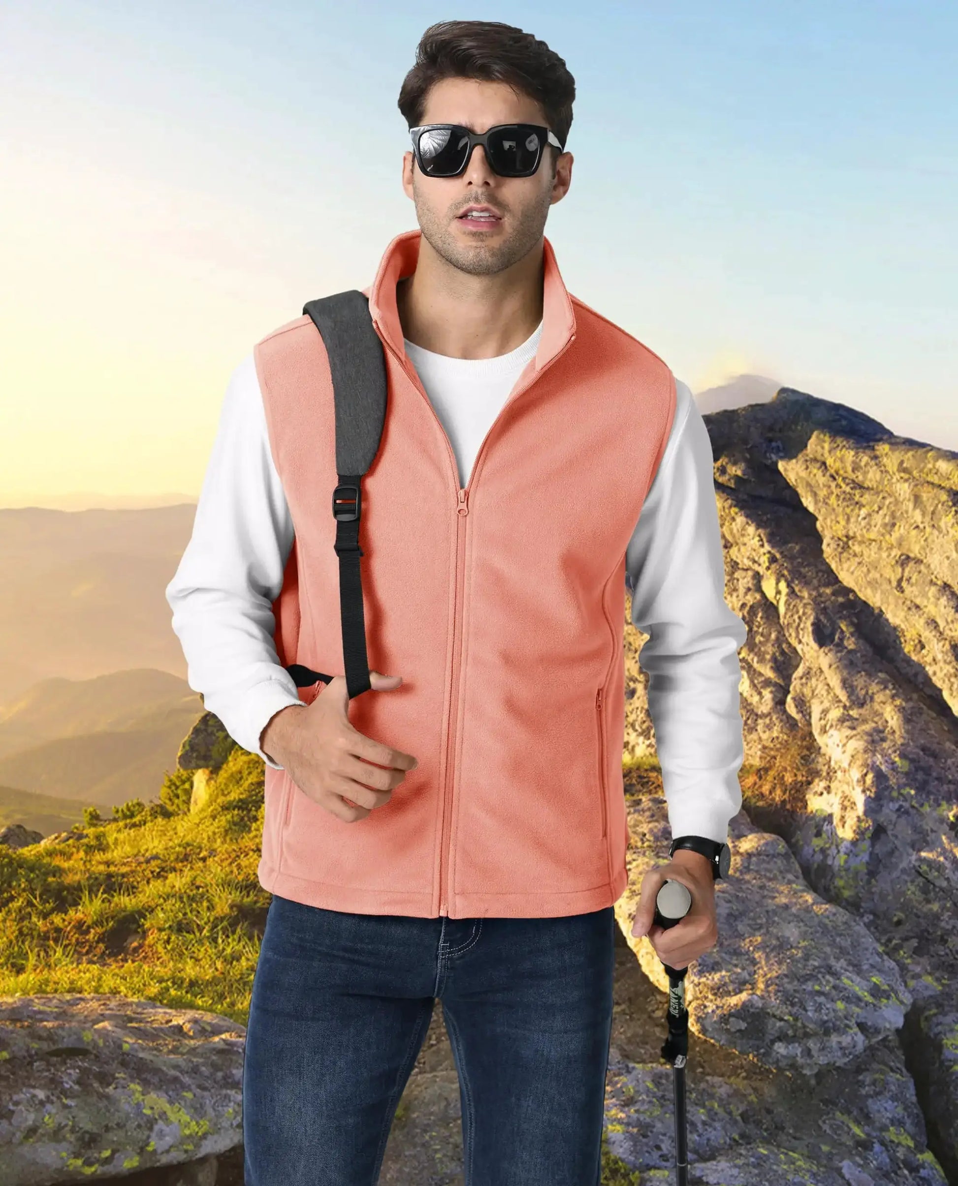 TACVASEN men's fleece vest jacket, peach sleeveless with stand collar for outdoor hiking
