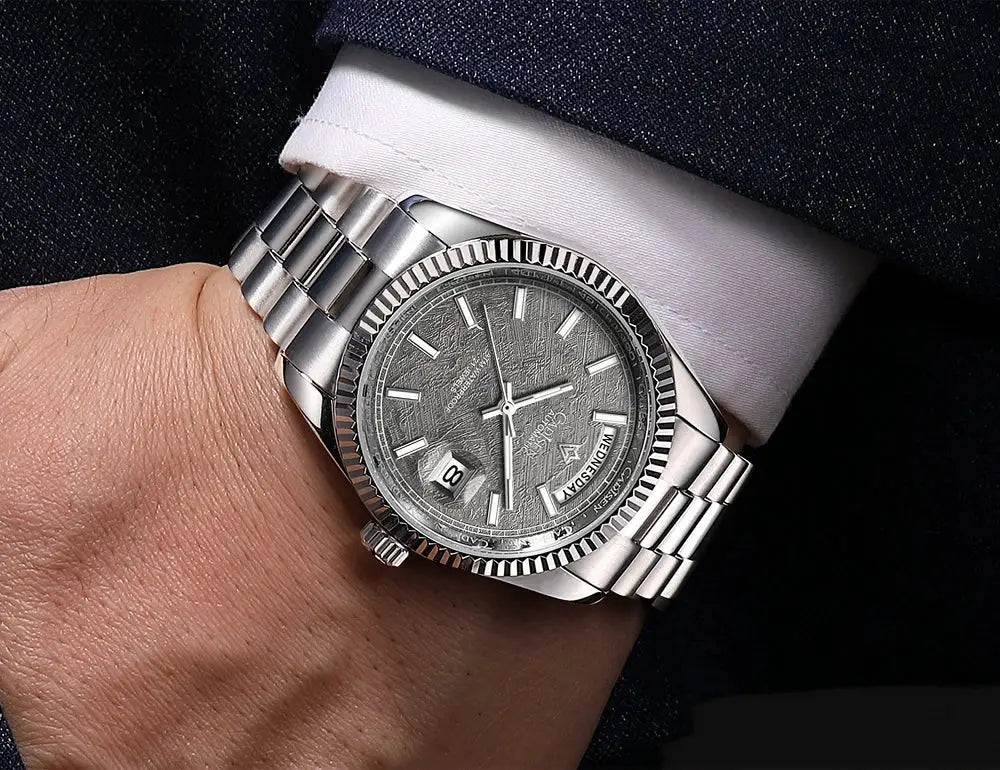 CADISEN DD40 men's luxury automatic watch with stainless steel bracelet, grey textured dial, sapphire glass