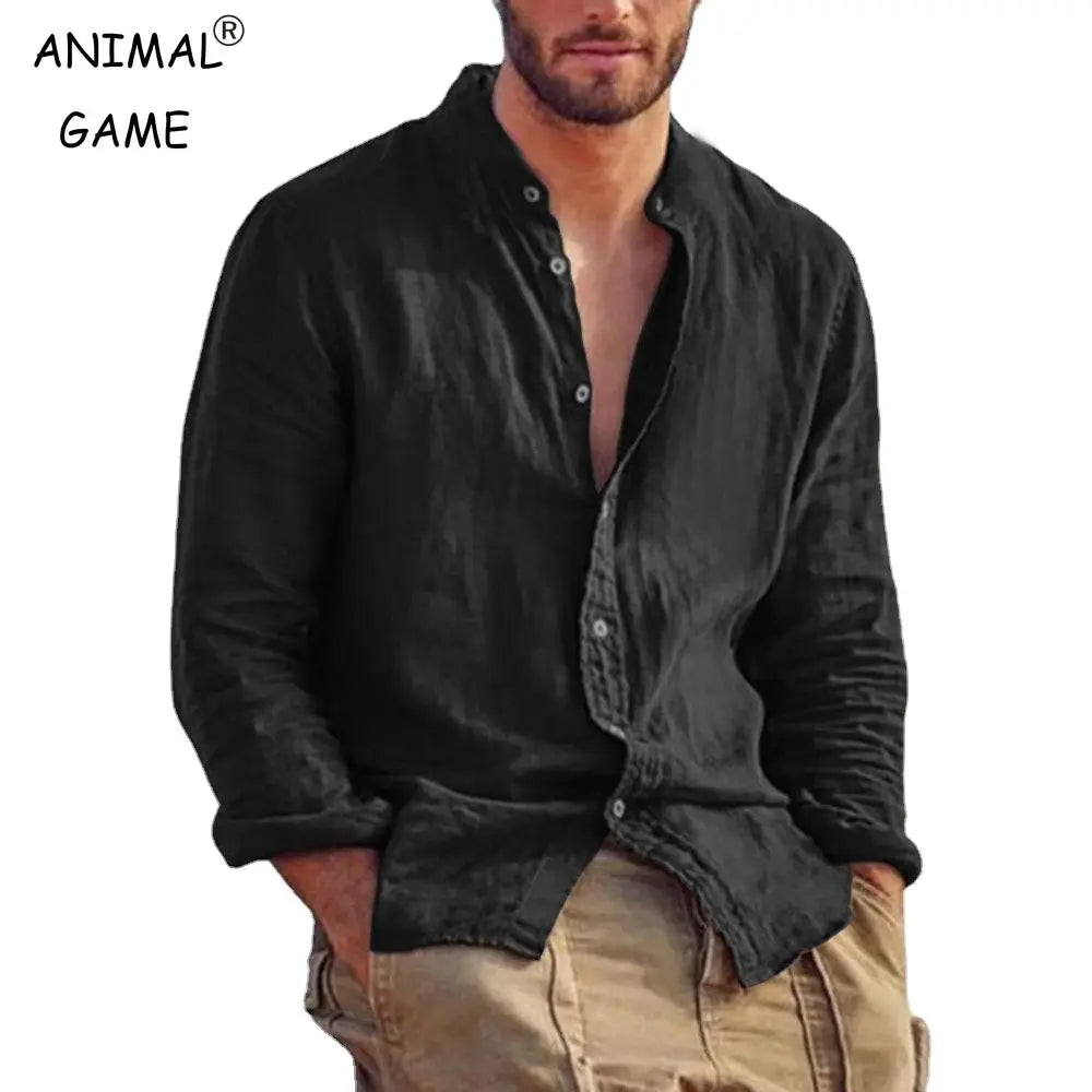 Men's linen long-sleeve shirt in black with a stand collar, lightweight breathable casual top