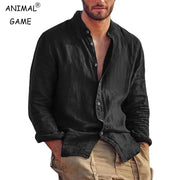Men's linen long-sleeve shirt in black with a stand collar, lightweight breathable casual top
