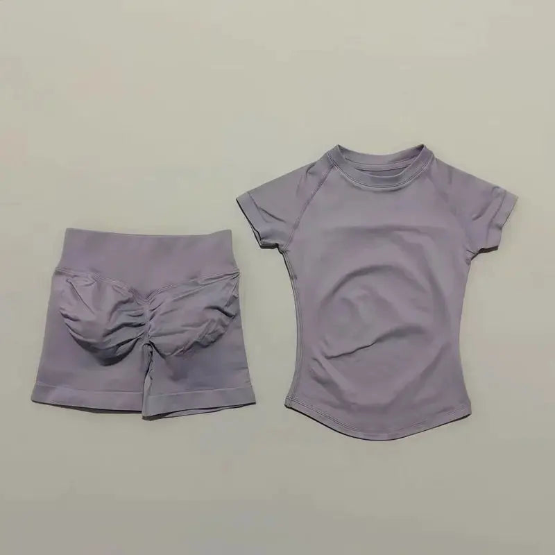 Histello 2 Piece Seamless Yoga Set Women Short Sleeve Top Leggings