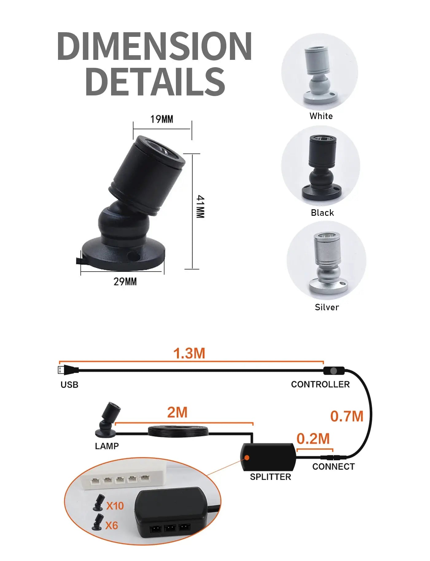 Simples Market dimmable USB 5V LED cabinet light with mounting base; available in White, Black, Silver