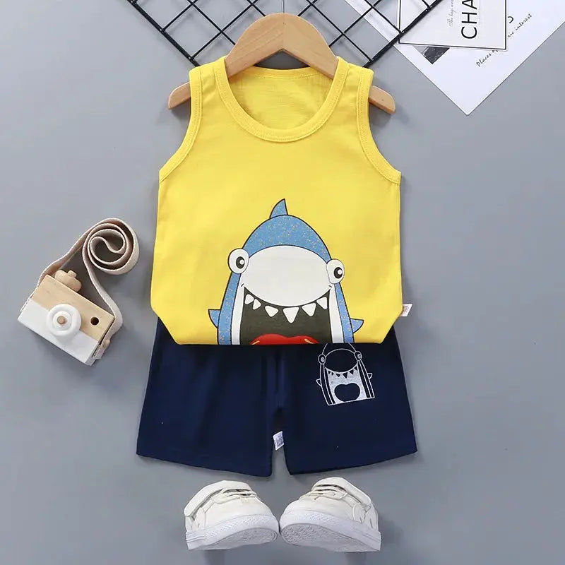 Kids sleeveless vest set: yellow tank top with blue shark graphic and navy shorts