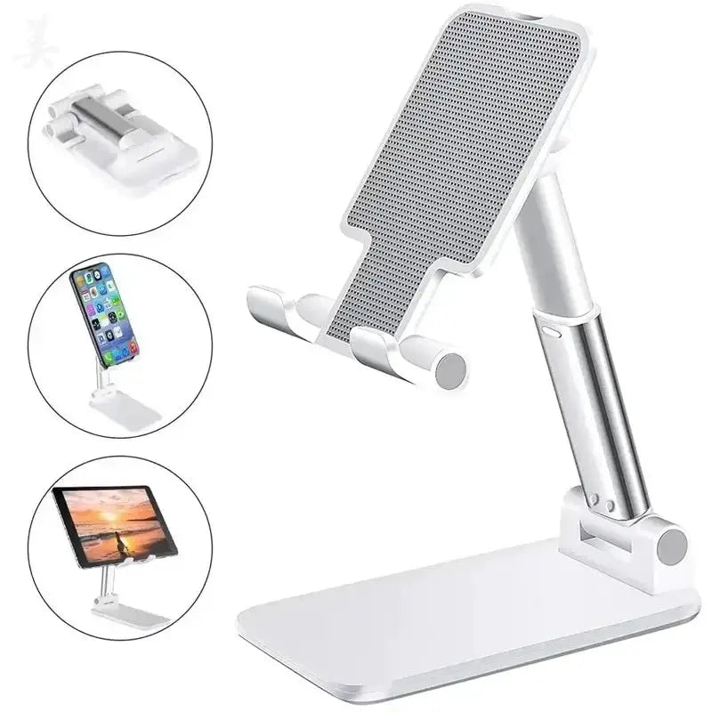 Desk mobile phone and tablet holder, white adjustable stand with metal arm by Simples Market