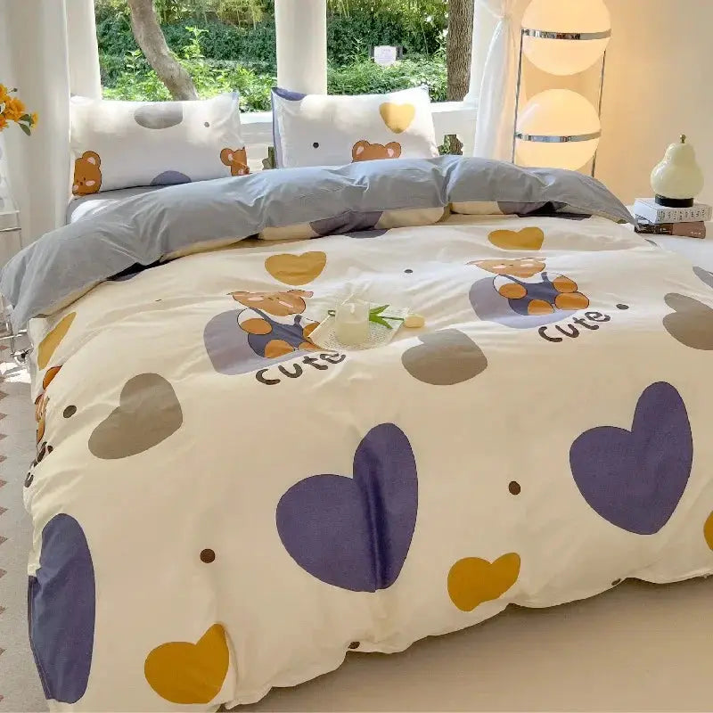 Simples Market kawaii bear printed duvet cover bed set with pillowcases; white with purple and yellow hearts