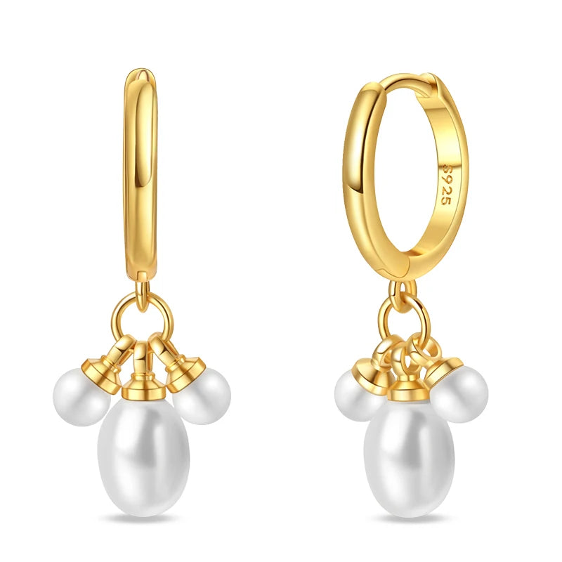 Gold-tone 925 silver hoop earrings with pearl cluster drops (pair)