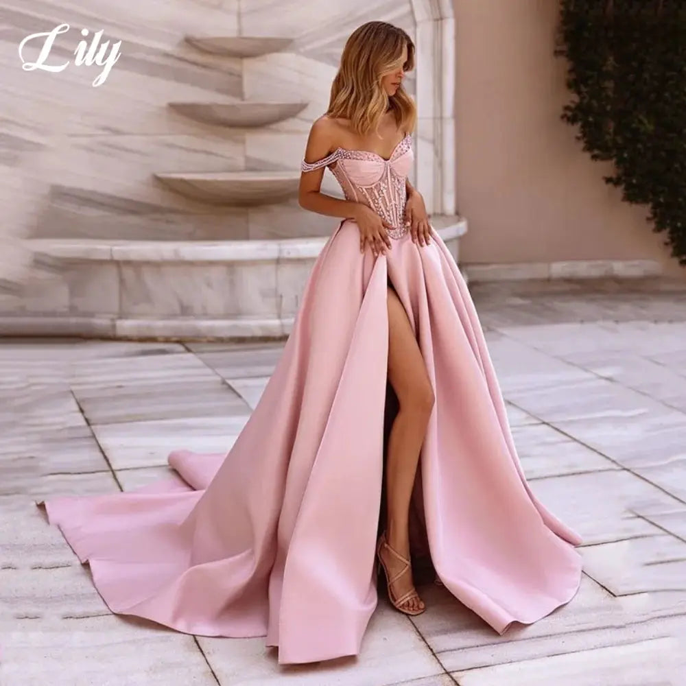 Lily Pink Aline Satin Prom Dress Off Shoulder Beaded Corset Gown