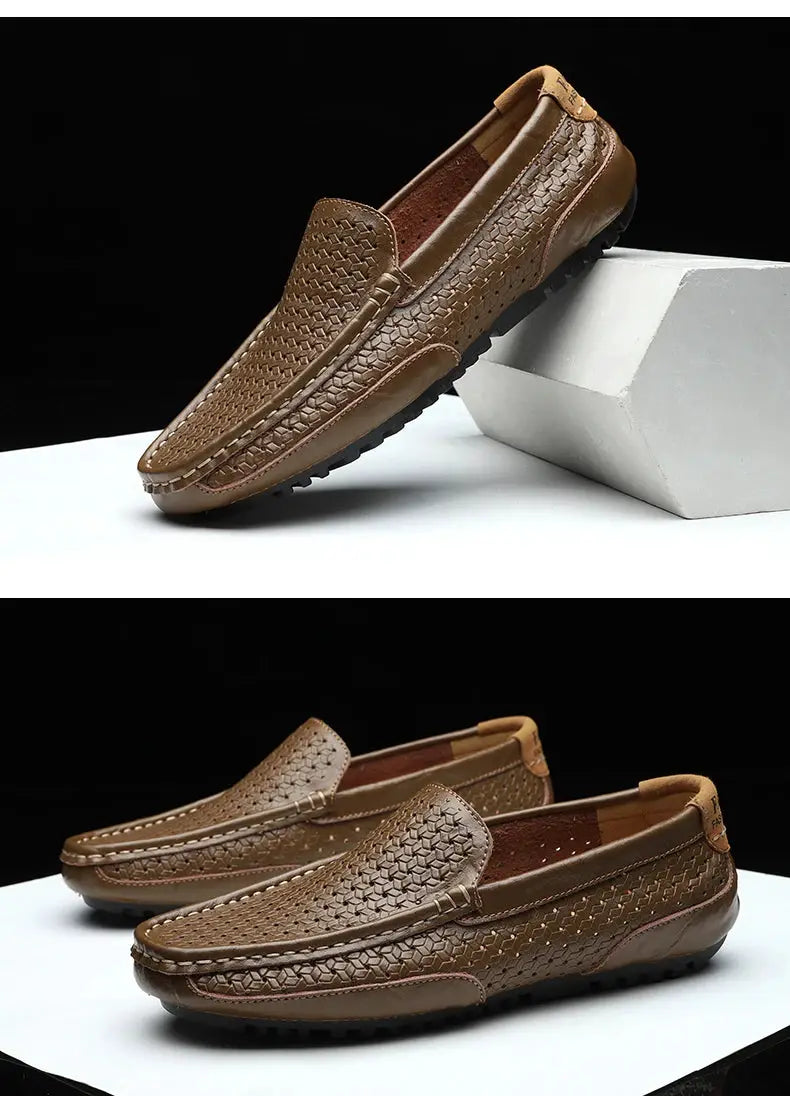 Simples Market men's brown genuine leather loafers with woven hollow-out design, slip-on driving shoes.