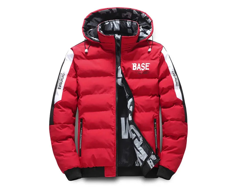 DIMUSI red hooded padded winter jacket with BASE logo, zip pockets, Simples Market.