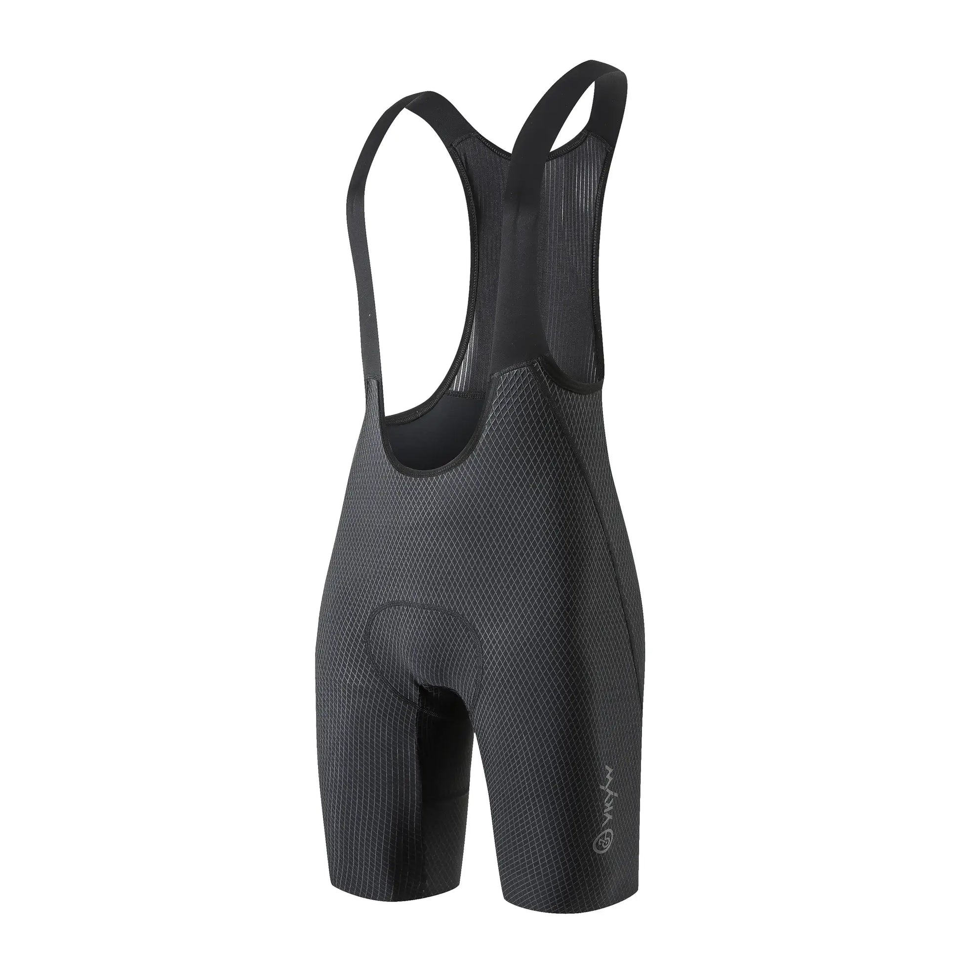 Cycling bib shorts by Simples Market, black with diamond-pattern fabric and bib straps.