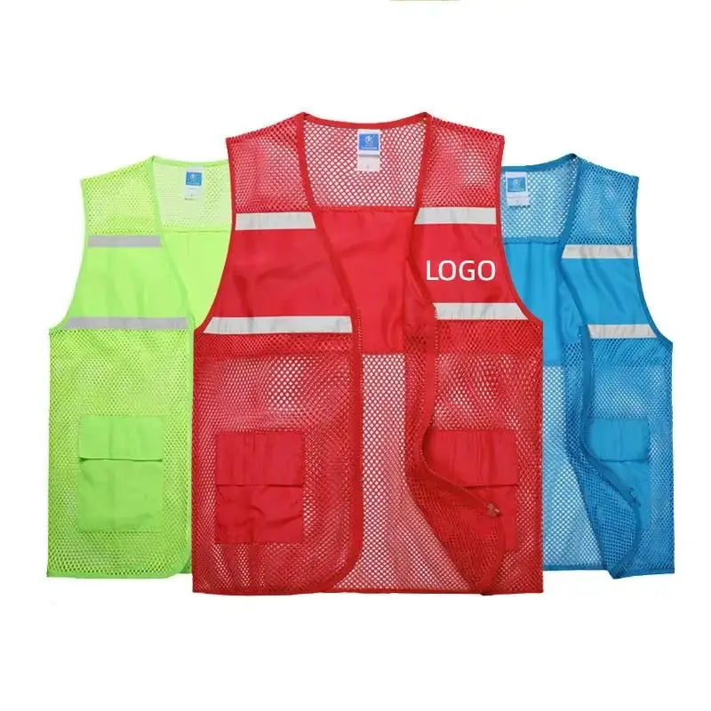 Volunteer fishing safety vests: 3 high-visibility mesh vests in neon green, red and blue with reflective stripes