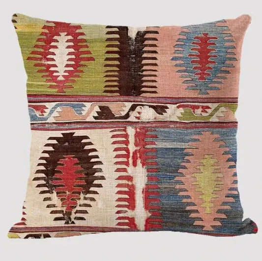 Bohemian pattern linen cushion cover; multicolor geometric print for living room sofa