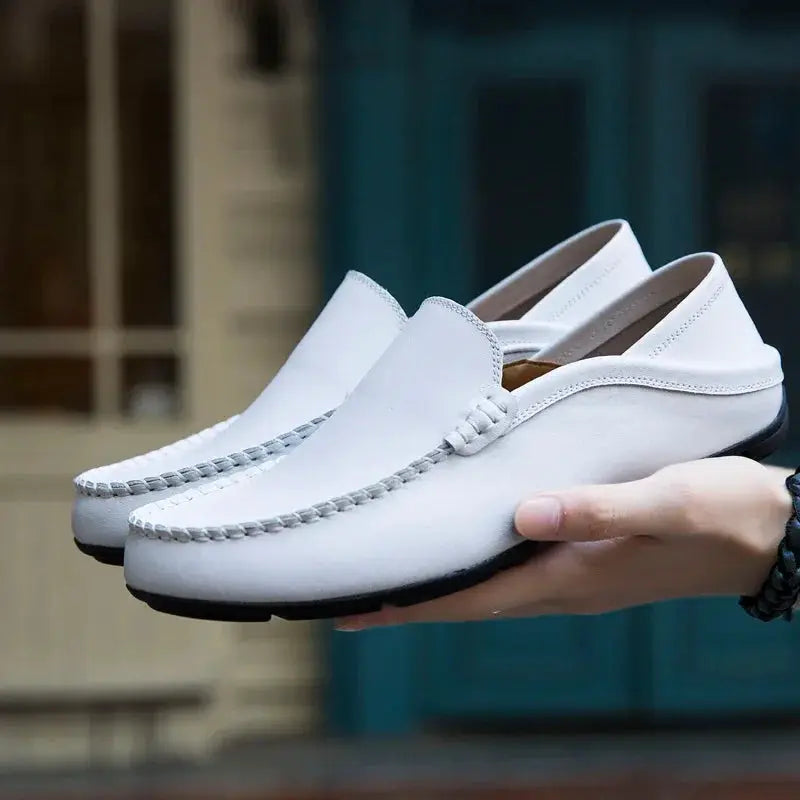 Men's white genuine leather loafers slip-on moccasins by Simples Market