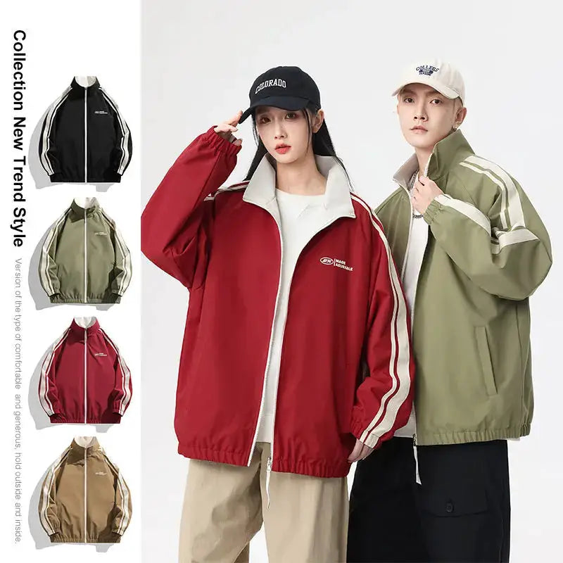 Two-sided reversible outdoor jackets for men and women; red and olive colorways with white trim, windproof and splashproof