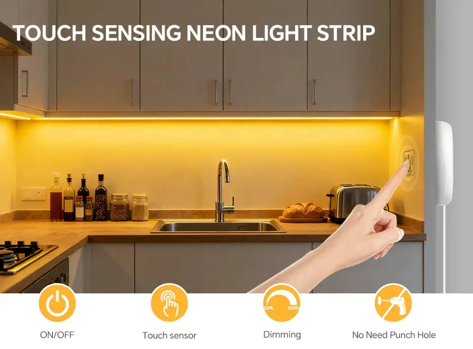 Simples Market touch-sensing COB LED under-cabinet light strip, silica gel neon tape, dimmable warm white 2–10 m