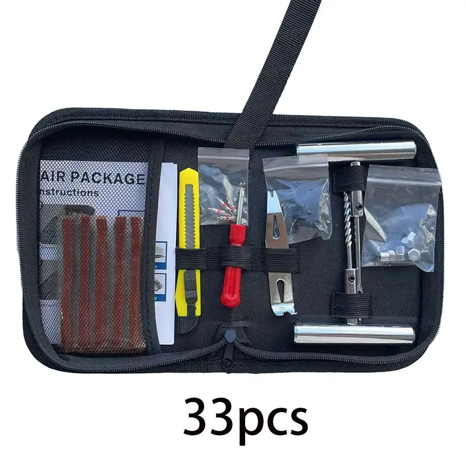 Simples Market tyre repair kit, 33pcs, in black zip case with metal puncture tools for car and bike
