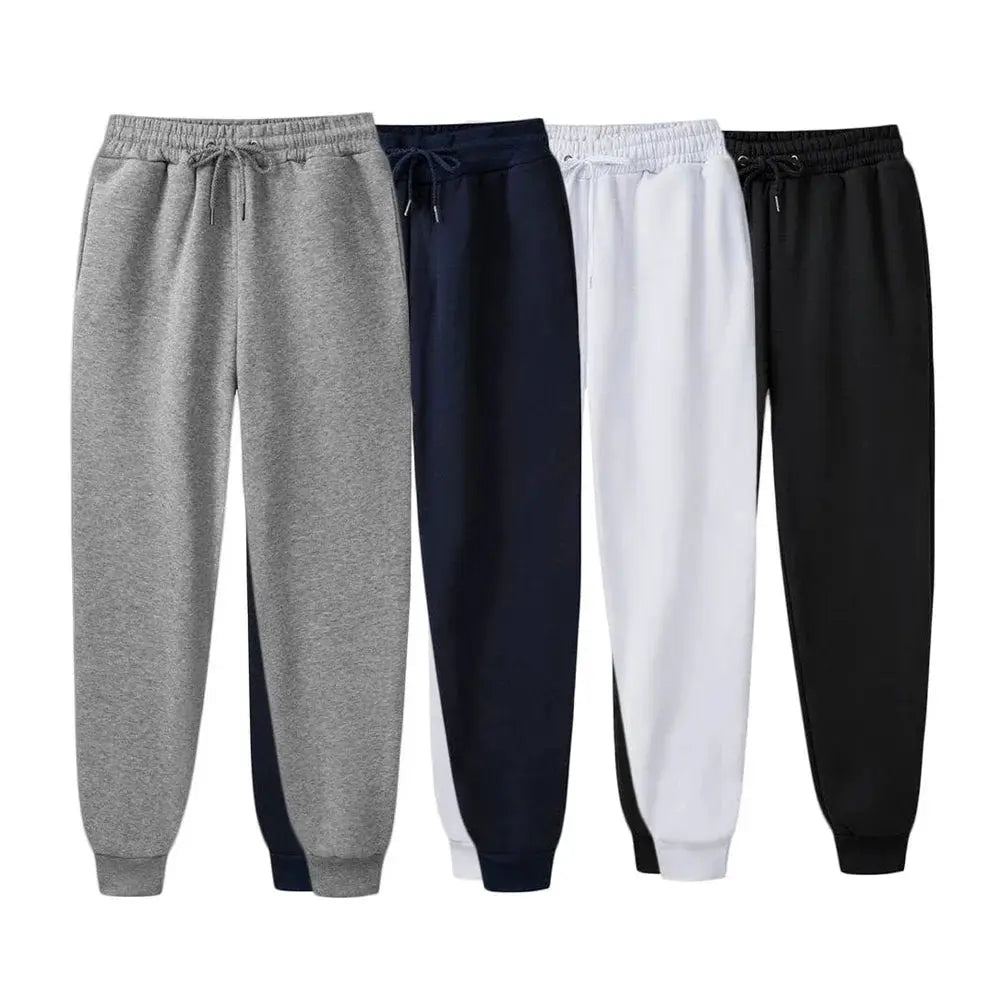Men's fleece sweatpants set of four in grey, navy, white and black; jogger-style gym trousers by Simples Market