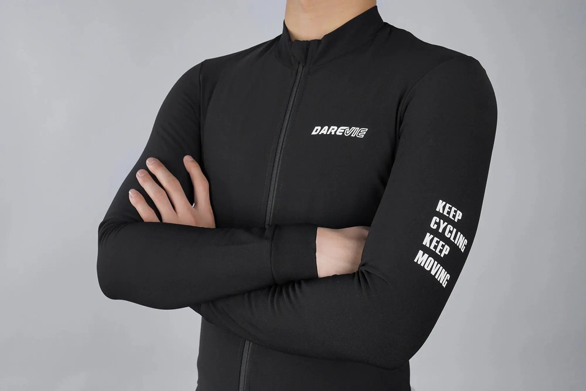 DAREVIE men's cycling jersey, black long-sleeve zip-front thermal fleece