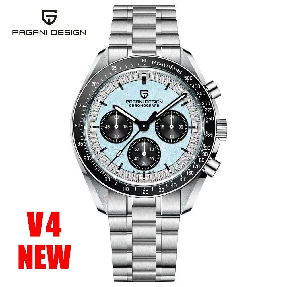 Pagani Design men's chronograph watch with blue dial, stainless steel bracelet, tachymeter bezel, 100m water resistant