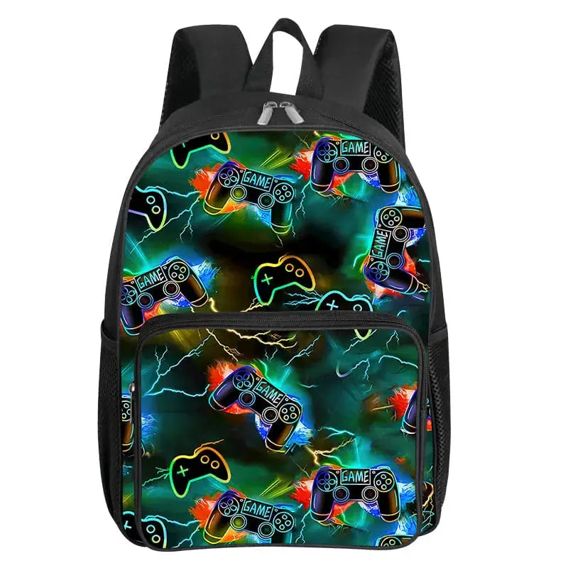 GamePad pattern square front-pocket backpack for kids, black with neon game controller print